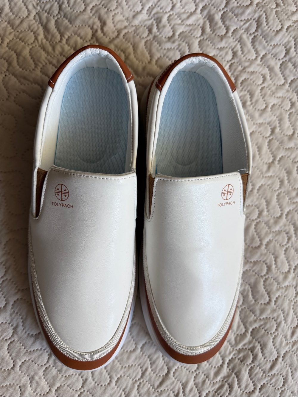 Tolypach Men’s EU 44 White Brown Slip-On Loafers Casual Comfort Sneakers